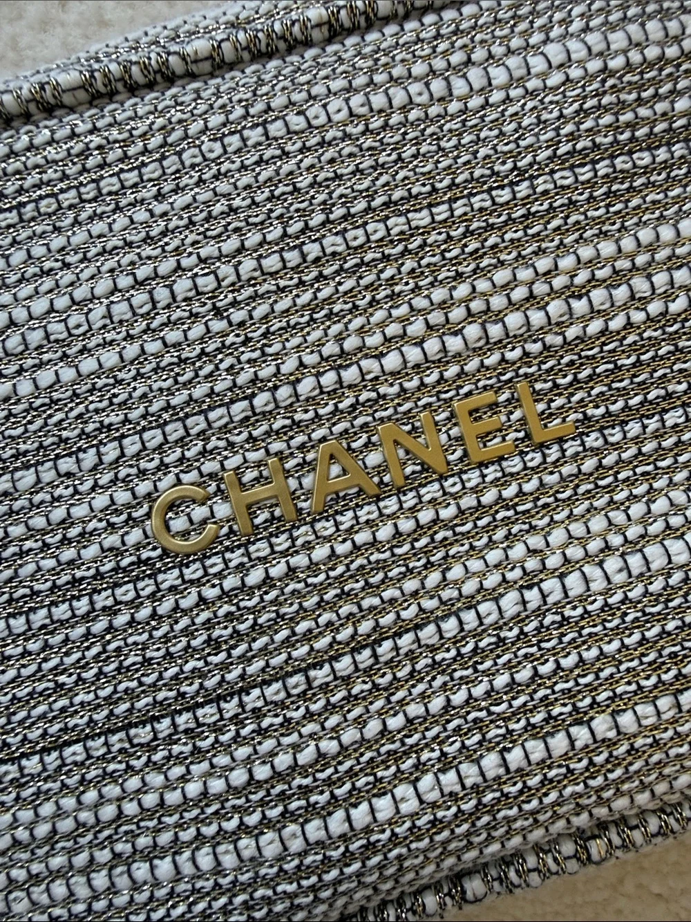 CHANEL Silver Metallic Quilted Cosmetic Case with Gold Logo